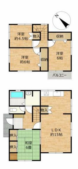 間取り図 【間取図】4LDKの木造2階建てのお家です。2階各居室には2つ窓があり、風通しもいいお部屋になっていますね。また各部屋に収納があるので、部屋を広く使える間取りになっています。