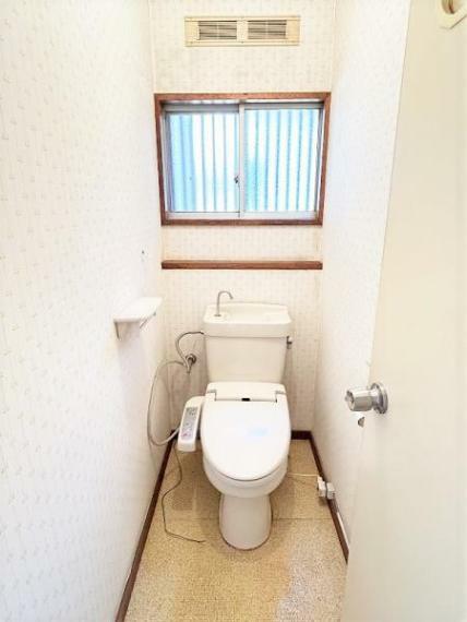 トイレ 【リフォーム中】1階トイレ。新しい温水洗浄機能付きトイレに交換いたします。直接肌に触れるところなので設備が新しいと気持ちいいですね。床クッションフロア張替、壁天井クロス張替を行います。