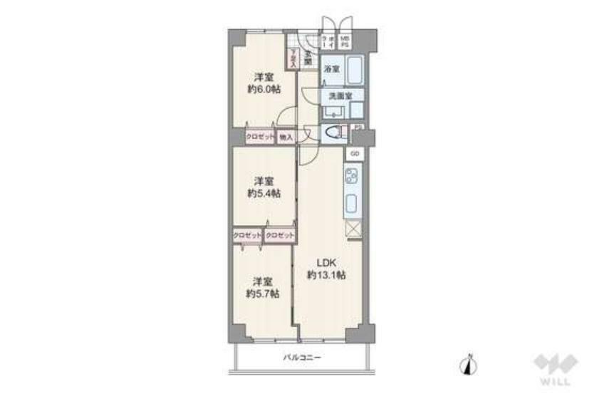 間取り図 間取りは専有面積68.75平米の3LDK。全居室洋室仕様・縦長リビングのプラン。LDKと個室2部屋が続き間で、引き戸の開閉で部屋を繋げたり仕切ったり、間取りのアレンジがしやすい造りです。