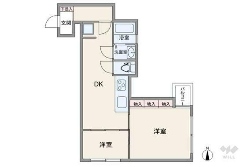 間取り図 間取りは専有面積45.45平米の2DK。玄関先から室内を見通しにくい、プライバシー性の高いプラン。居室は続き間になっていて、繋げて広々使用することも可能。また、浴室に窓があるのもポイントです。