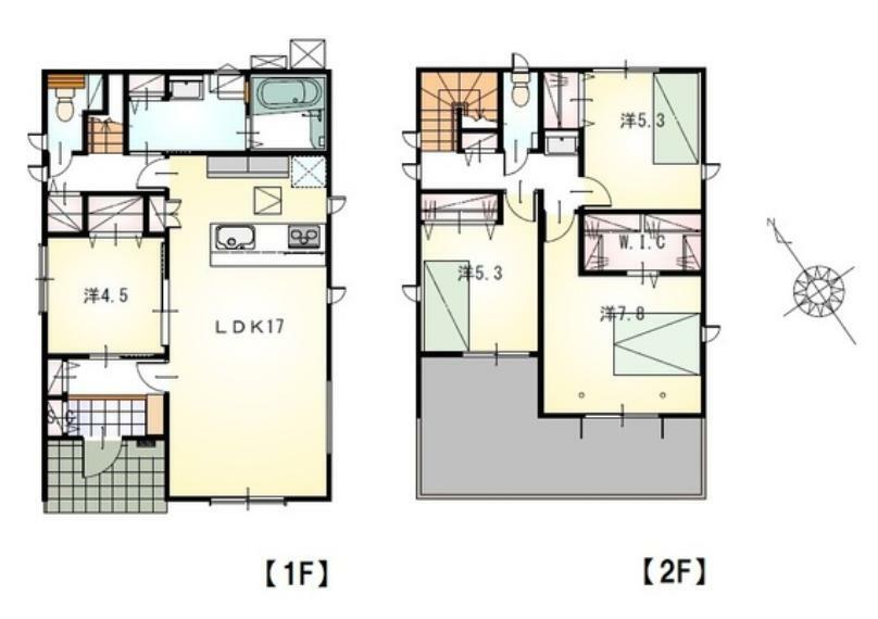 間取り図 1階に4.5帖の居室のある「4LDK」です。1階4.5帖は回遊動線になっています。バス・トイレはLDKより見えない設計になっています。