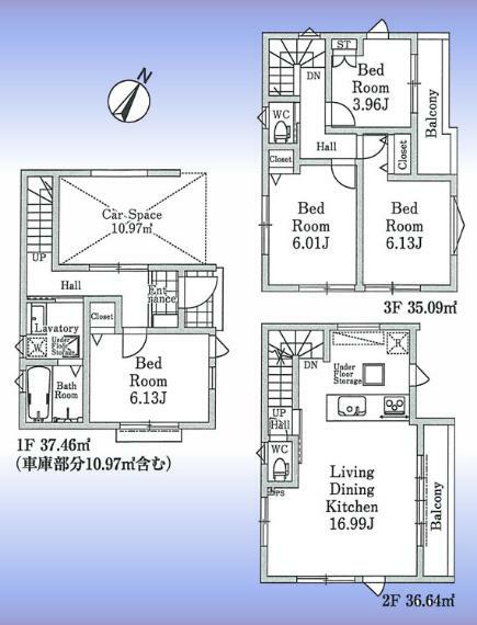 間取り図 間取図:2階に対面キッチン付LDK1、3階に洋室4室2、3階にバルコニー