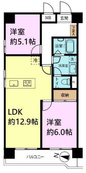 間取り図 2LDKの魅力的な間取り！LDKはゆったりとした空間で、休日ものびのびと過ごせそうですね。 高層階・角部屋！新規内装リノベーション済み！ぴかぴかの室内で新生活を始めませんか？