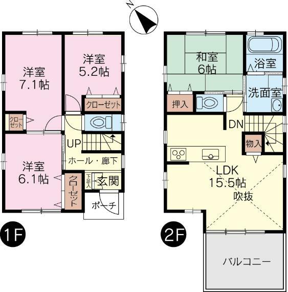 4LDK　2階にLDK・浴室・洗面所・洗濯機置場のある間取りです。2階には、ほかに和室（6帖）もあります。　