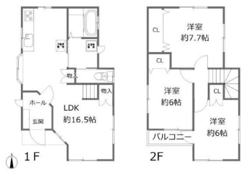 間取り図 1階に16.5帖の大空間、2階洋室は各居室広めの3室です