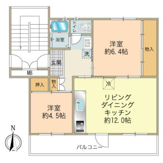間取り図 専有面積48.93平米、和室を洋室に変更した使い易い2LDK間取り、室内洗濯機置場を新設