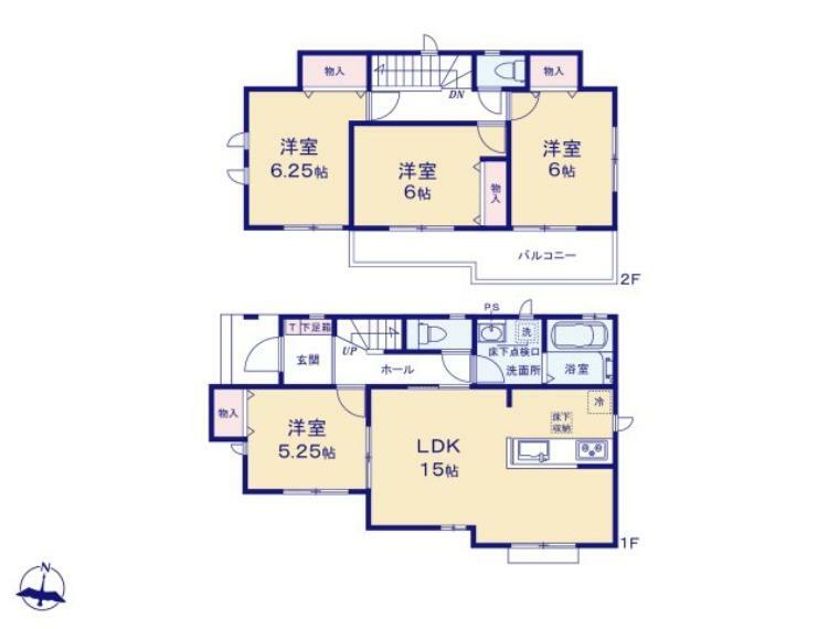 間取り図 2部屋から出入り可能な2WAYバルコニーは広さも充分。 全室南向きの陽当たり良好な住宅です。