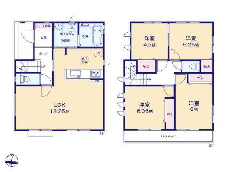 間取り図 広いLDK18.2帖はご家族の共有スペース。 ゆとりの2階4部屋でご家族それぞれのお時間も大切に出来ます。