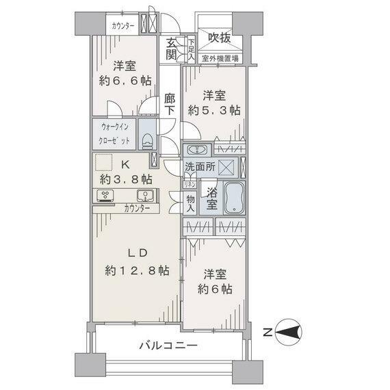 間取り図 14階建13階部分、ファミリー向けの3LDKです。内装リフォーム済みで、新築同様の綺麗な室内です。