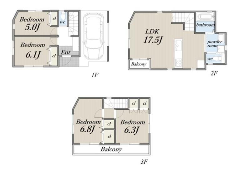 区画図 LDKは、約17.5帖の広々とした空間。3つの洋室はLDKと離れた振り分けタイプで、ご家族間でのプライバシーも大切にできる間取りです。