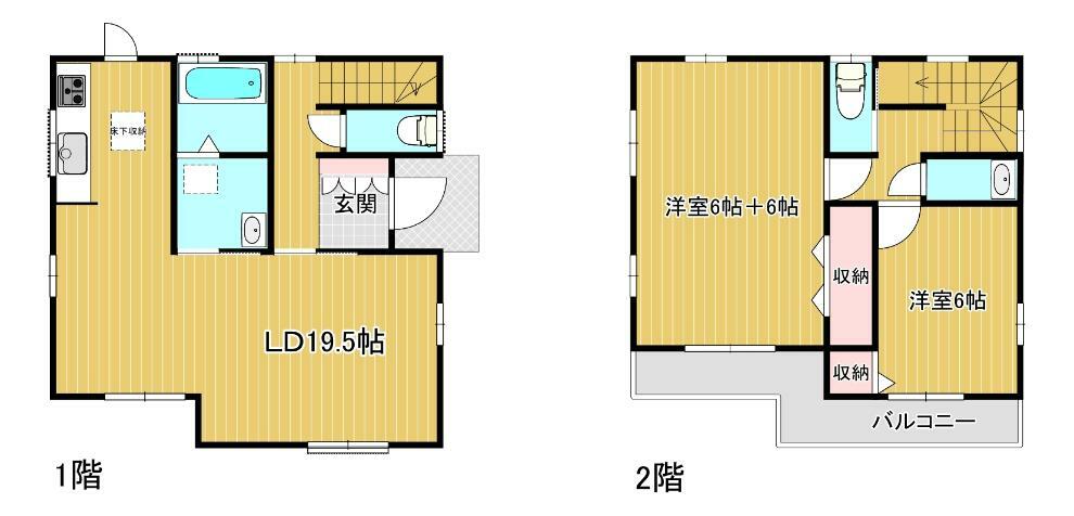 間取り図 全居室6帖以上、ゆとりのある間取り。 2階洋室6帖＋6帖は天井に補強あり、分けられる仕様。間取りの変更も可能です。