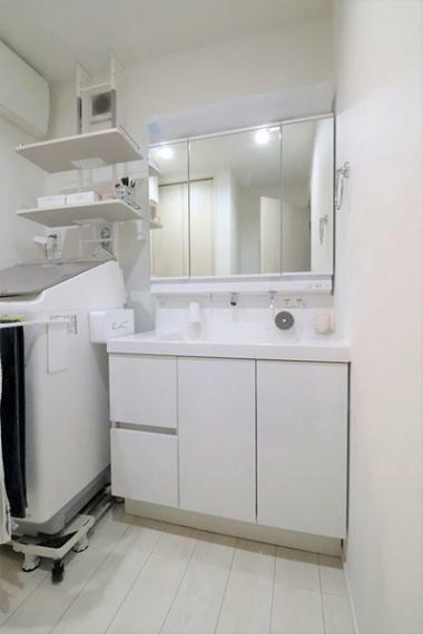 洗面所の写真です。洗面台は3面鏡を採用しており、裏側が収納になっておりますので、収納スペースが豊富。