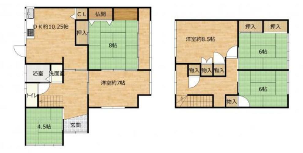 間取り図 1階と2階に居室が3部屋ずつの6DKの間取りです。