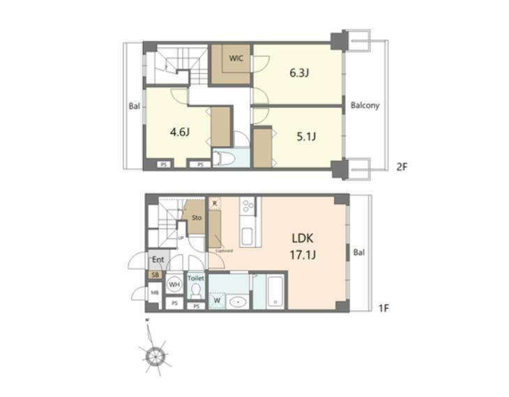 間取り図 12・13階のメゾネット住戸！LDKはゆとりある17帖超全居室収納有です！