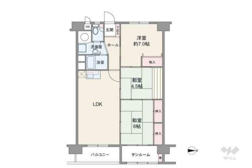 間取り図 間取りは専有面積82.89平米の3LDK。縦長のLDKと和室2部屋がそれぞれ続き間の回遊性のあるプラン。
