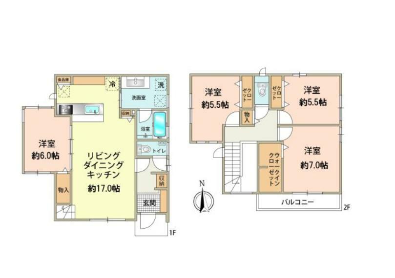 間取り図 4LDK、1階58.95平米、2階45.56平米、延床面積104.51平米。豊富な収納がある邸宅です。