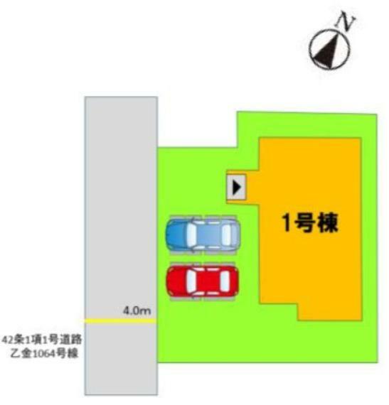 区画図 1号棟:敷地内に2台並列駐車可能です。