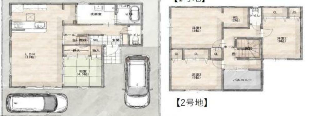 間取り図 2号棟:リビング横の和室は家具を一切置かなくてもリラックススペースとして活用できるのが嬉しいポイント！キッチン横には食料庫を完備！