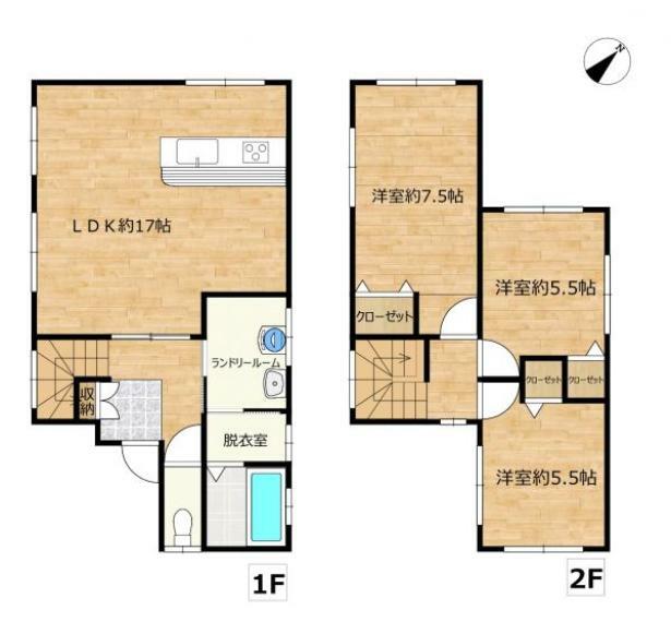 間取り図 【間取図】リフォーム後の間取図です。間取りは二階建ての3LDKです。1階LDKは対面キッチンを採用しています。また各居室にはクローゼットを設置。収納面にもこだわってリフォームします。