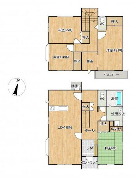 【間取図】洋室3部屋、和室1部屋、書斎付きの4SLDKの間取りです。各部屋収納が有るのは嬉しいポイント。