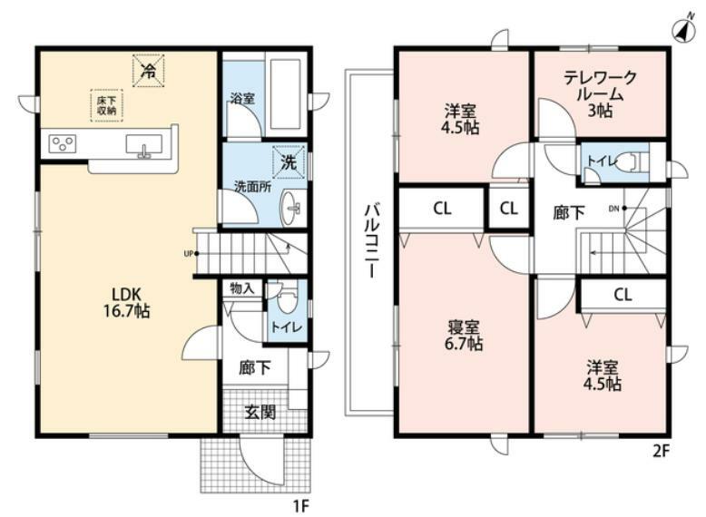 間取り図 1階には家族が集まるLDKと水廻りが集中。2階にはプライベートROOMで統一した3LDKです。3帖のテレワークルーム（窓付き）が魅力＾＾