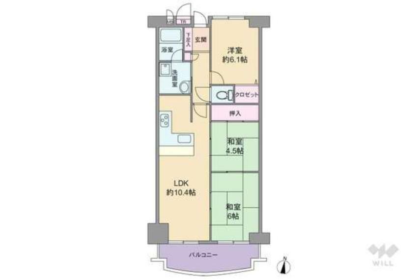 間取り図 間取りは専有面積66.42平米の3LDK。縦長リビングのプラン。LDKと和室2部屋は回遊性のある続き間で、フレキシブルに使用可能。玄関横にトランクルームがあるのもポイントです。