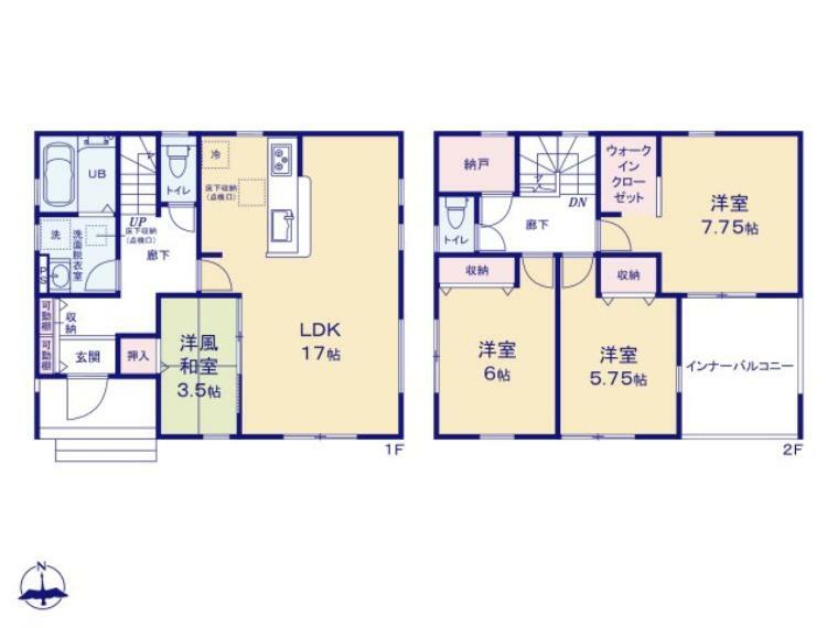 間取り図 1階は広いLDK17帖をご家族の共有スペースとして。 2階3部屋はそれぞれのお部屋。 暮らし易さを考慮した間取りとなっています。