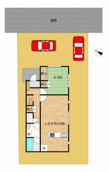 区画図 【区画図】駐車場は2台分駐車可能。コンクリート仕上げなので、車が傷つきにくく、使いやすいですね。間口が広いので駐車もしやすいです。お車の大きな方でも安心ですね。