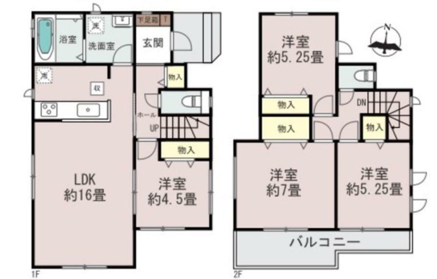 間取り図 4LDK、全居室収納付き＆2面採光で快適な暮らしが実現。2階は洋室が3部屋あるので、お子様が大きくなっても安心ですね＾＾