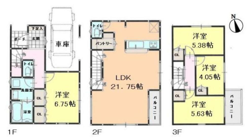 間取り図・図面 ■建物参考プラン:建物面積113.93平米、木造3階建て、4LDK＋車庫付き