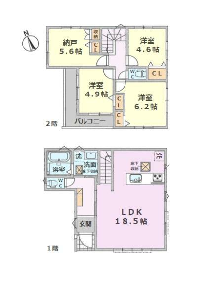 間取り図 ■建物面積:91.19平米の2階建て4LDKタイプ新築戸建
