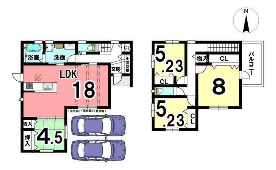 間取り図 LDK18帖！全居室と廊下、洗面室にも収納を確保しました。即入居可能です！