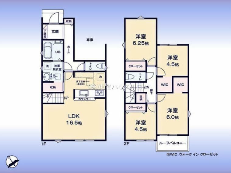 間取り図 間取図:対面キッチン付LDK2階に洋室4室南西向きバルコニー