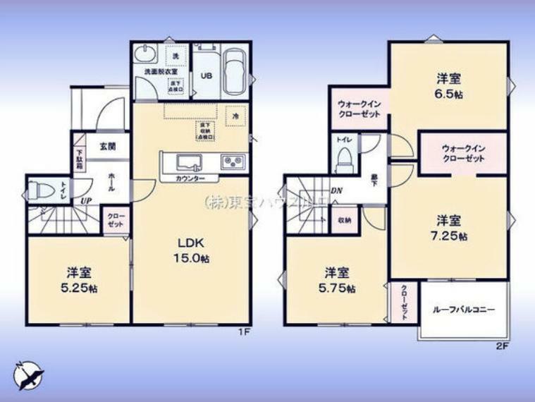 間取り図 間取図:対面キッチン付LDKと洋室が続き間設計でゆったり空間2階に洋室3室（主寝室含む）南西向きワイドバルコニー