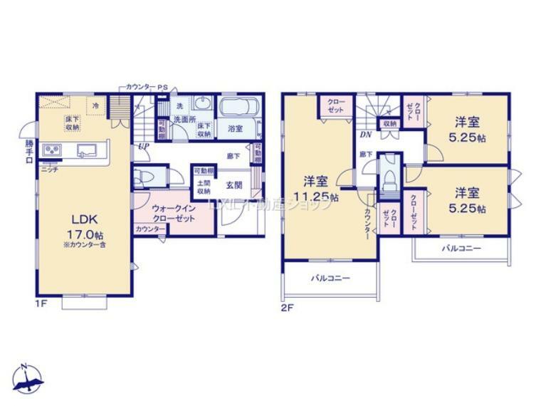 間取り図 1つのお部屋を2部屋に。 間取りの変更が可能な可変型タイプの3LDK住宅です。 （間仕切り壁工事は有償となります）
