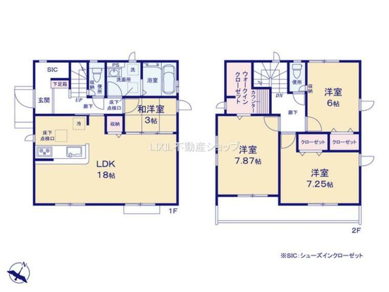 間取り図 2階3部屋は全室6帖以上のゆとりある間取りの住宅です。 カウンター付きのWICは機能的にご利用頂けます。