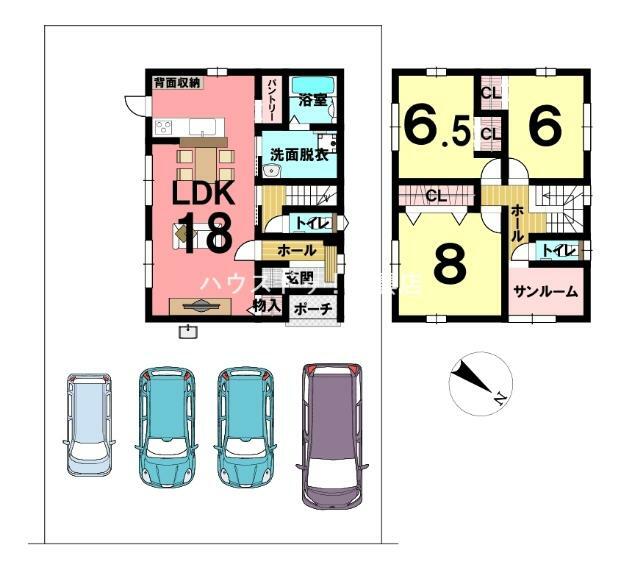 間取り図 敷地内には4台駐車可能！畳コーナー付の18帖のLDKにはクローゼットとパントリーあり。全居室に収納スペースを設け、コンパクトながらゆとりを持った設計になっています。