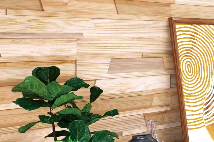 居間・リビング 【無垢材アクセントパネル木もれ美】  厚みや幅の異なる国産杉材を貼り合わせた、独特の手触りや素材感を感じる壁装飾パネルをリビングの一部に採用しました。木の風合いと快適性に包まれながら寛げます。※号棟により色が異なります。