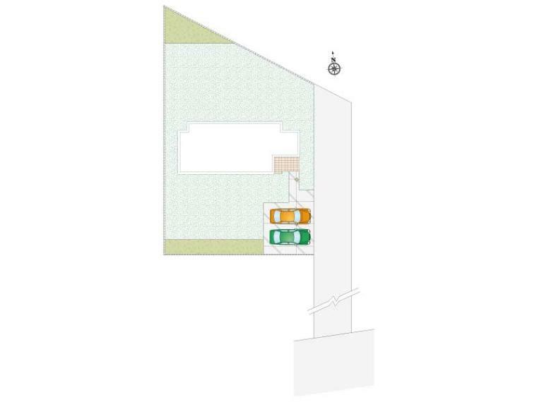 区画図 【1号棟】駐車台数4台以上駐車可能です。南庭でガーデニングや家庭菜園、BBQもお楽しみいただけます。