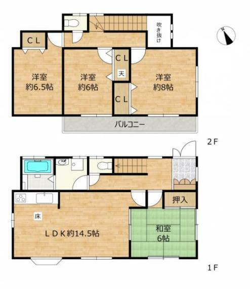 間取り図 【リフォーム後間取り】1階は約14.5帖のLDK、約6帖の和室、2階は洋室が3部屋にリフォーム予定。