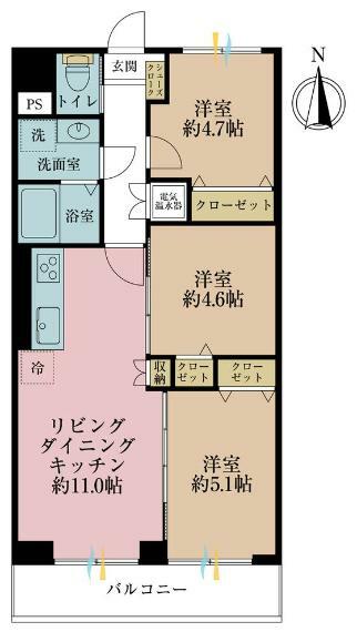 間取り図 3LDK、専有面積57.75平米、バルコニー面積6.6平米