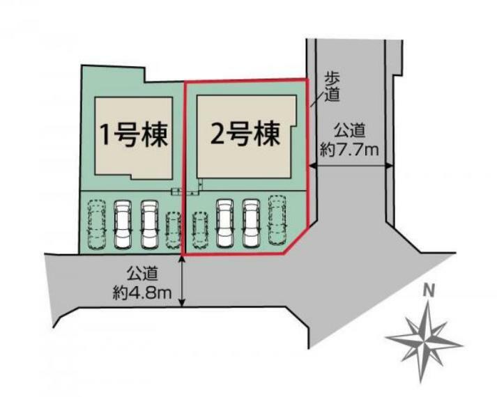 区画図 2号棟:敷地内に4台駐車可能です。※車種による