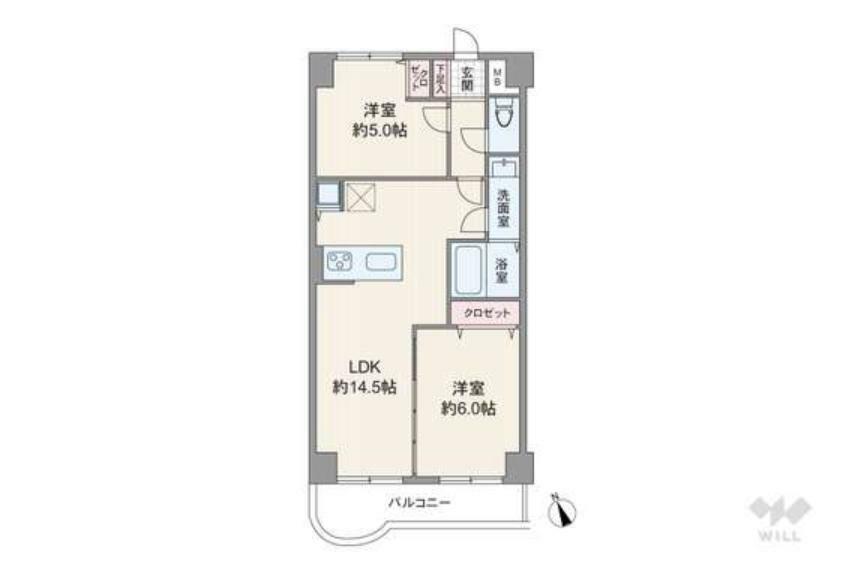間取り図 間取りは専有面積52.92平米の2LDK。LDKと洋室1室が続き間になったプラン。引き戸の開閉で空間をフレキシブルに使用出来ます。