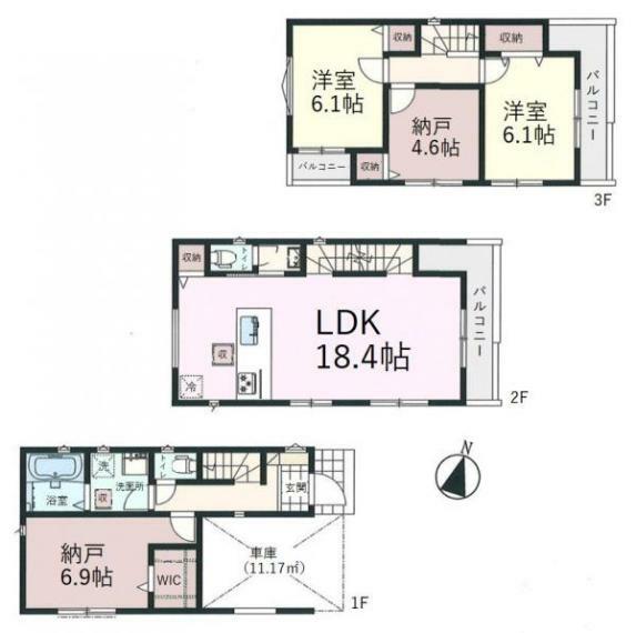 間取り図 建物面積:115.92平米（車庫11.17平米含む）、全室収納あり2SSLDK