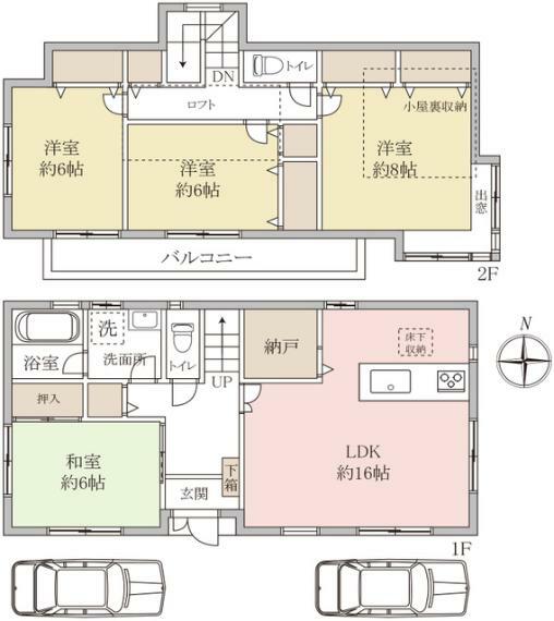 間取り図 屋根裏部屋・ロフト・納戸と収納スペース豊富！全室6帖以上を確保した、建物面積106.92平米の4SLDK！