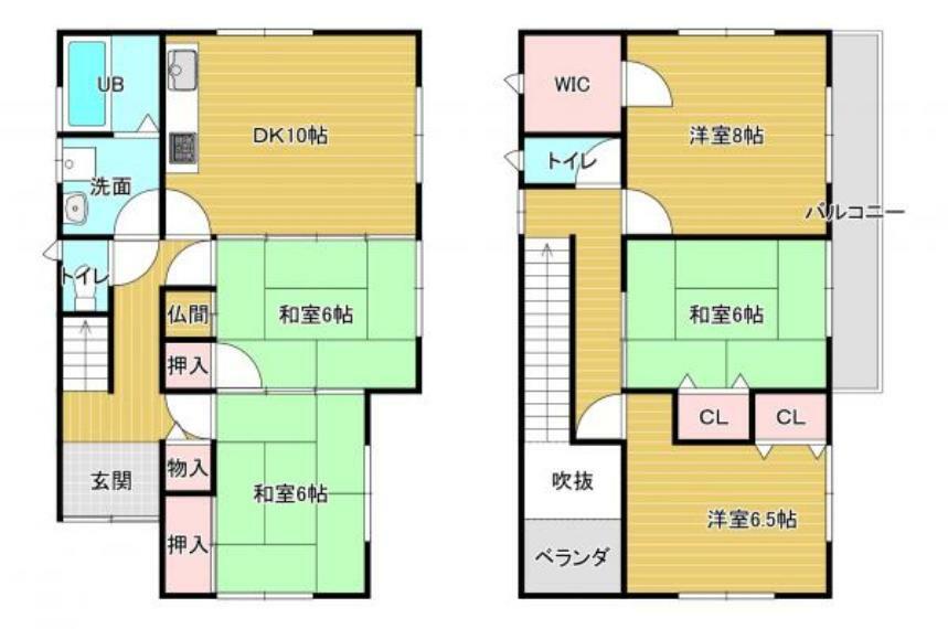 【間取り図】1階にダイニングキッチンと和室2部屋、2階に洋室2部屋と和室1部屋の5DKのおうちになります。