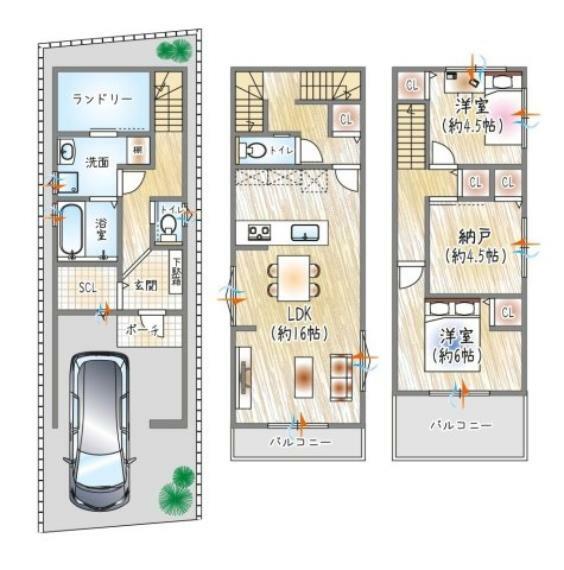 間取り図 【間取り】3階全洋室に収納スペース＋玄関にSICを設置。キッチンは家族との会話が弾む対面式タイプです。洗面所～ランドリールームが繋がる、スムーズな動線な住まい
