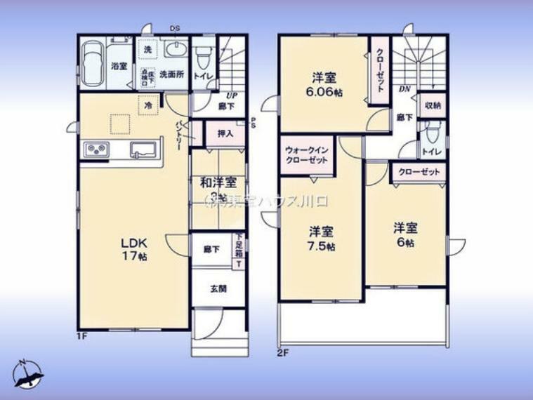 間取り図 間取図:対面キッチン付LDK＆和室2階に洋室3室（主寝室含む）ワイドバルコニー