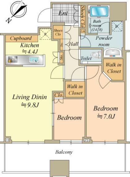 間取り図 48階部分、63.43平米・2LDK＋WIC 北西向き・バルコニーから浜離宮恩賜庭園・東京タワーを望むお部屋です。