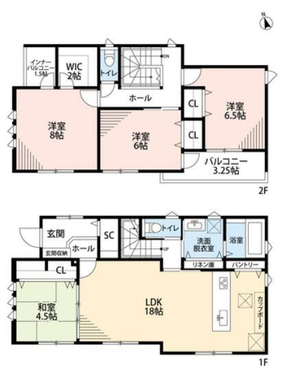 間取り図 LDKと和室を合わせると22.5帖の大空間となります。2階は全室バルコニーにつながっています＾＾主寝室にはウォークインクローゼット付き。
